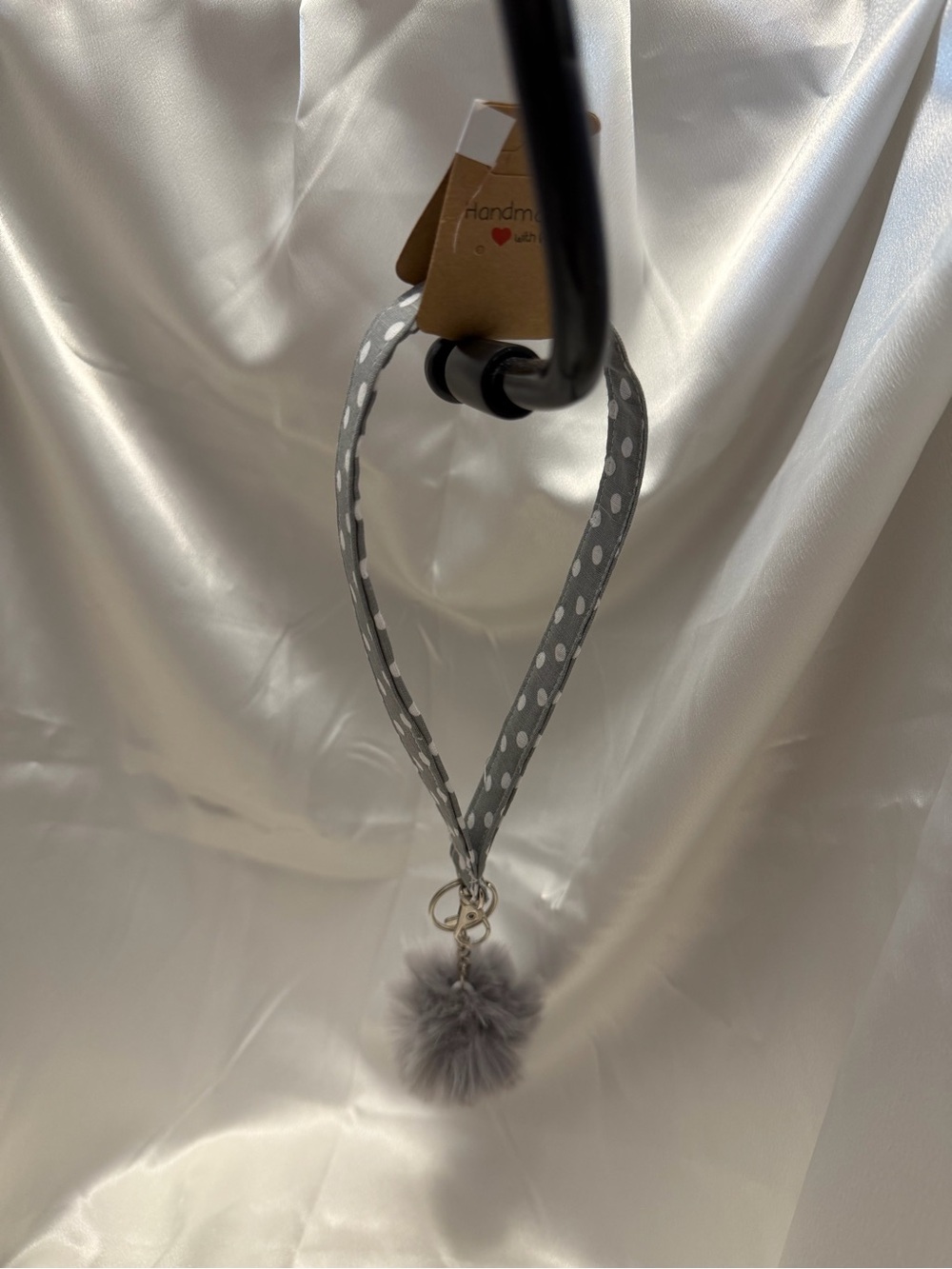 Handmade Gray and White Polka Dot Wristlet Keychain with Gray Pompom